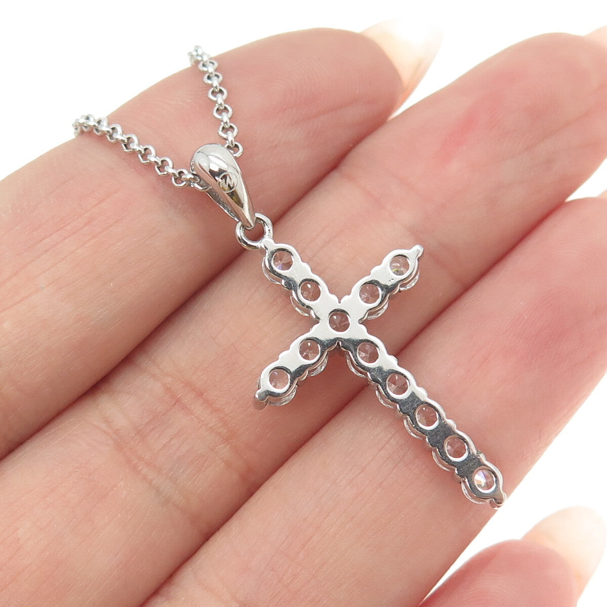 925 Sterling Silver Italy Round-Cut Shaped C Z Cross Rolo Chain Necklace 16"