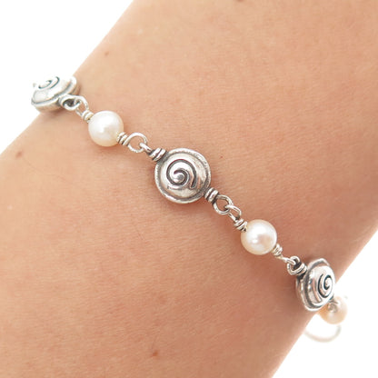 925 Sterling Silver Vintage Real Pearl Spiral Beaded Link Bracelet 6.75"