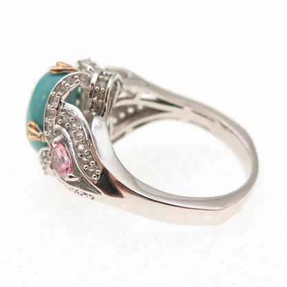 925 Sterling Silver 2-Tone Real Turquoise Pink & White Topaz Ring Size 8.25