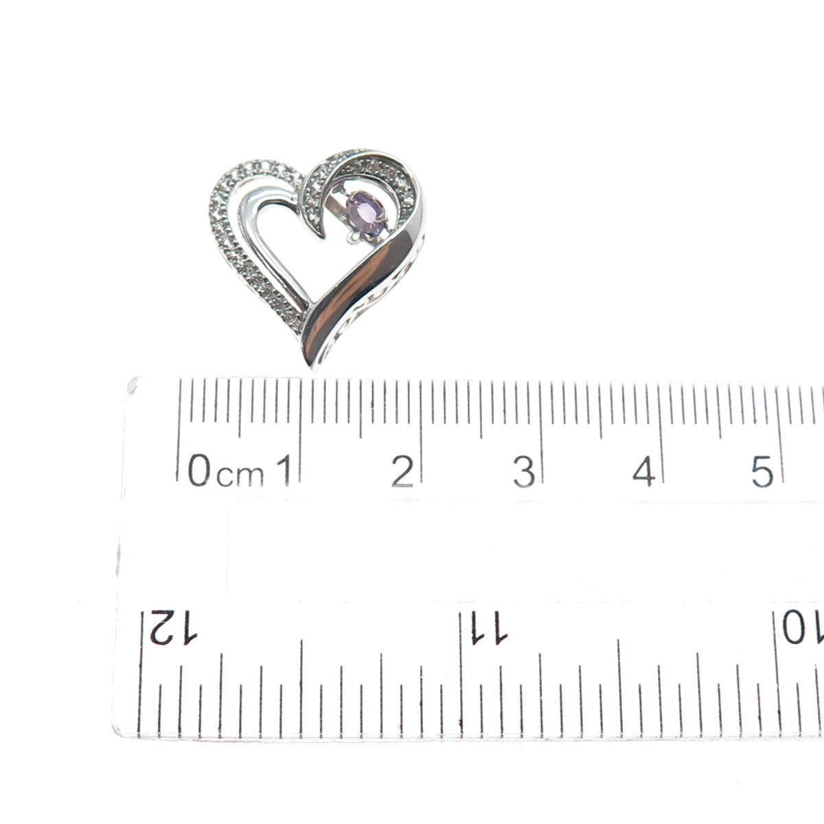 925 Sterling Silver Real Amethyst & White Topaz Heart Mini Slide Charm Pendant
