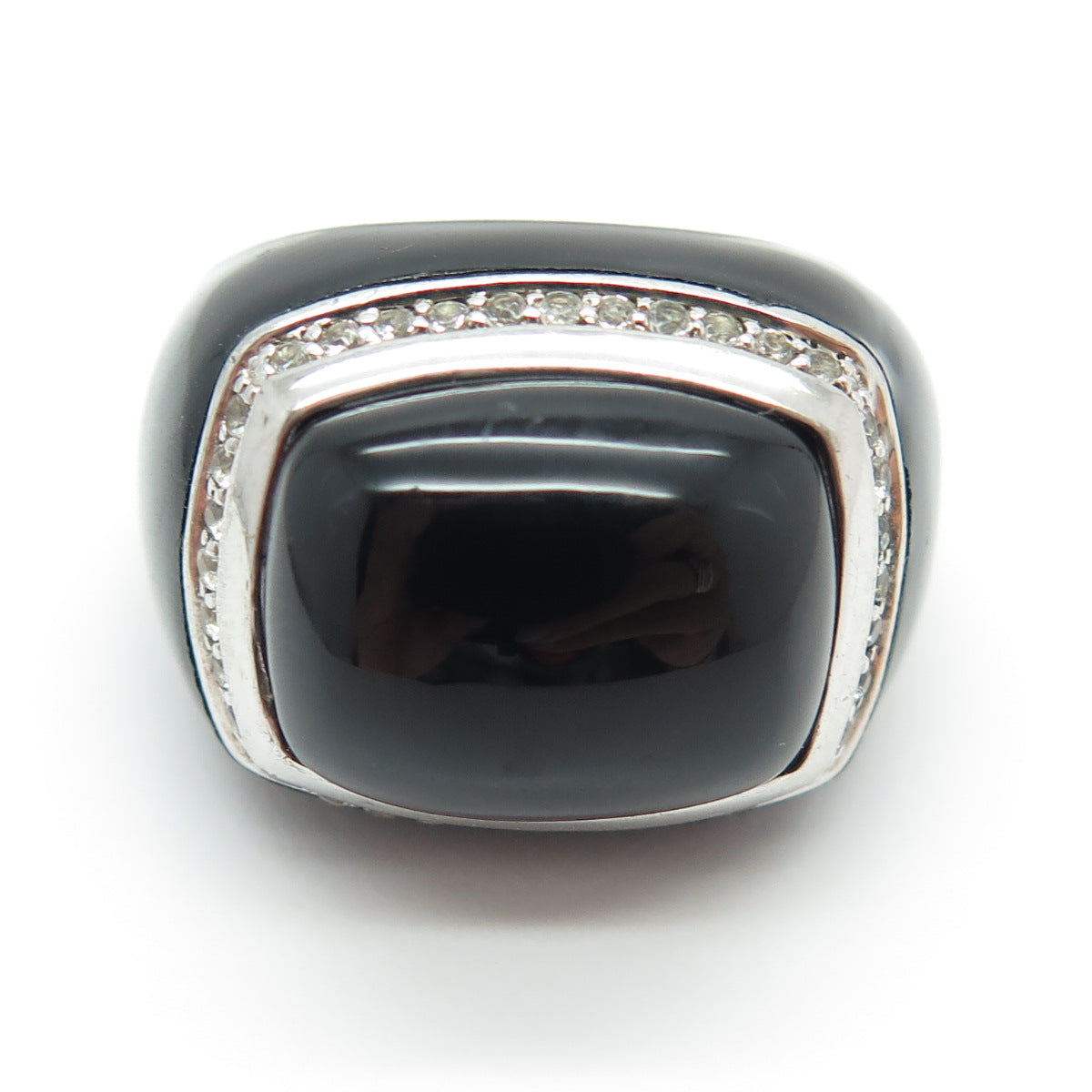 925 Sterling Silver Enamel Real Black Onyx & White Topaz Ring Size 7.25