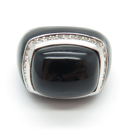925 Sterling Silver Enamel Real Black Onyx & White Topaz Ring Size 7.25