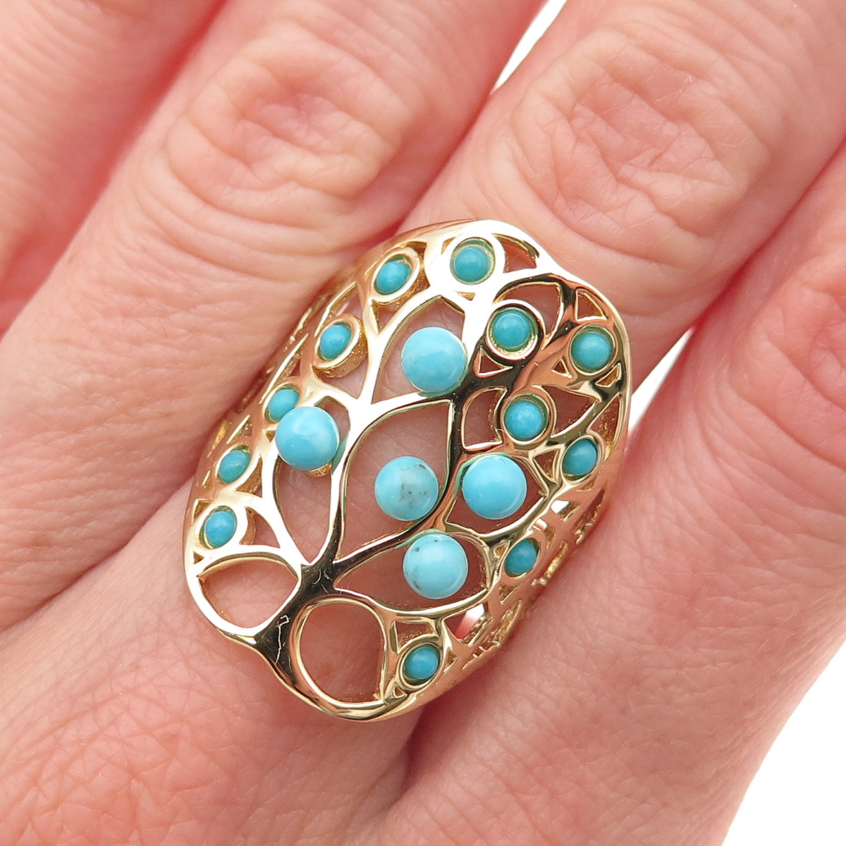 Tehya Oyama Sterling Silver Gold Plated Real Turquoise Tree of Life Ring Size 8