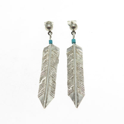 Old Pawn Sterling Silver Vintage Southwestern Bisbee Turquoise Feather Earrings