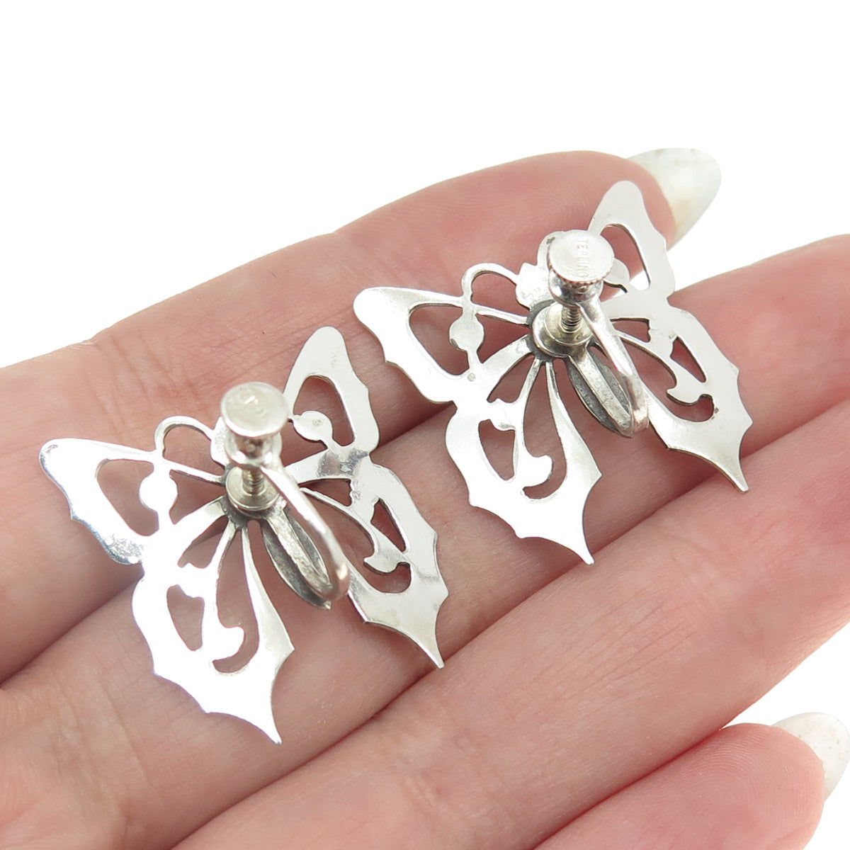 925 Sterling Silver Antique Art Deco Butterfly Screw Back Earrings