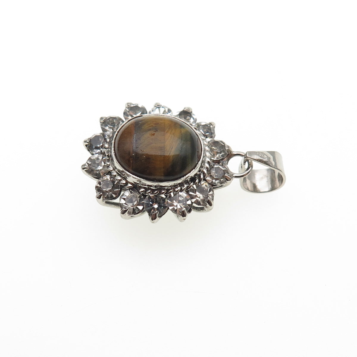 925 Sterling Silver Vintage Real Tiger Eye & Rhinestone Oxidized Charm Pendant