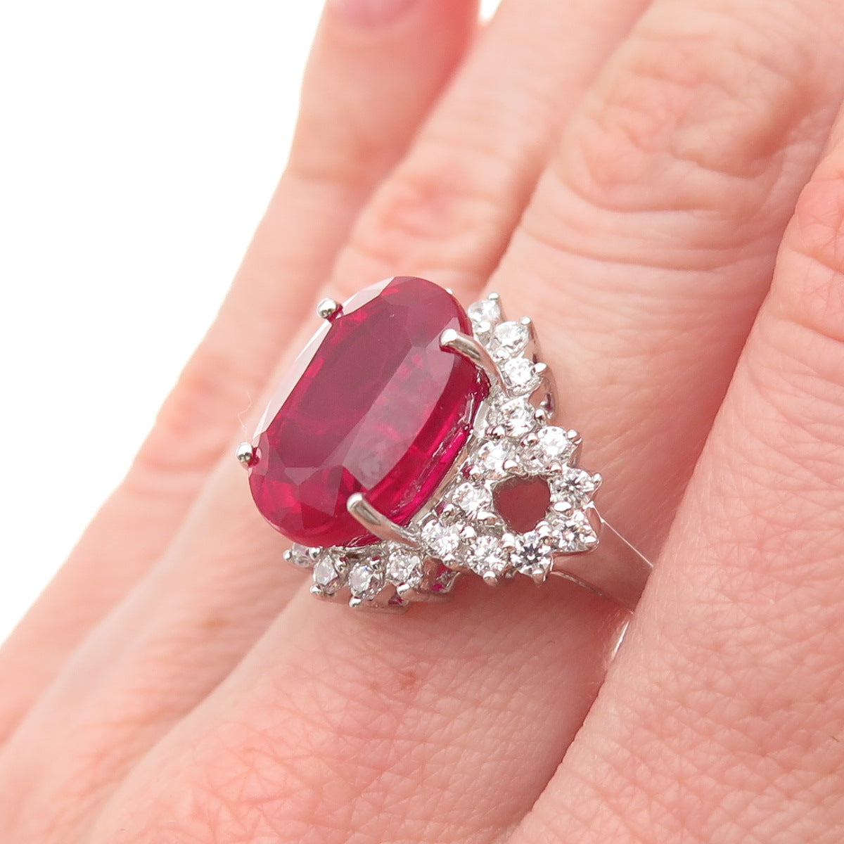 925 Sterling Silver Lab-Created Ruby & C Z Ring Size 6.75