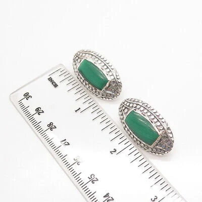 925 Sterling Silver Vintage Real Malachite Gemstone Dots Earrings