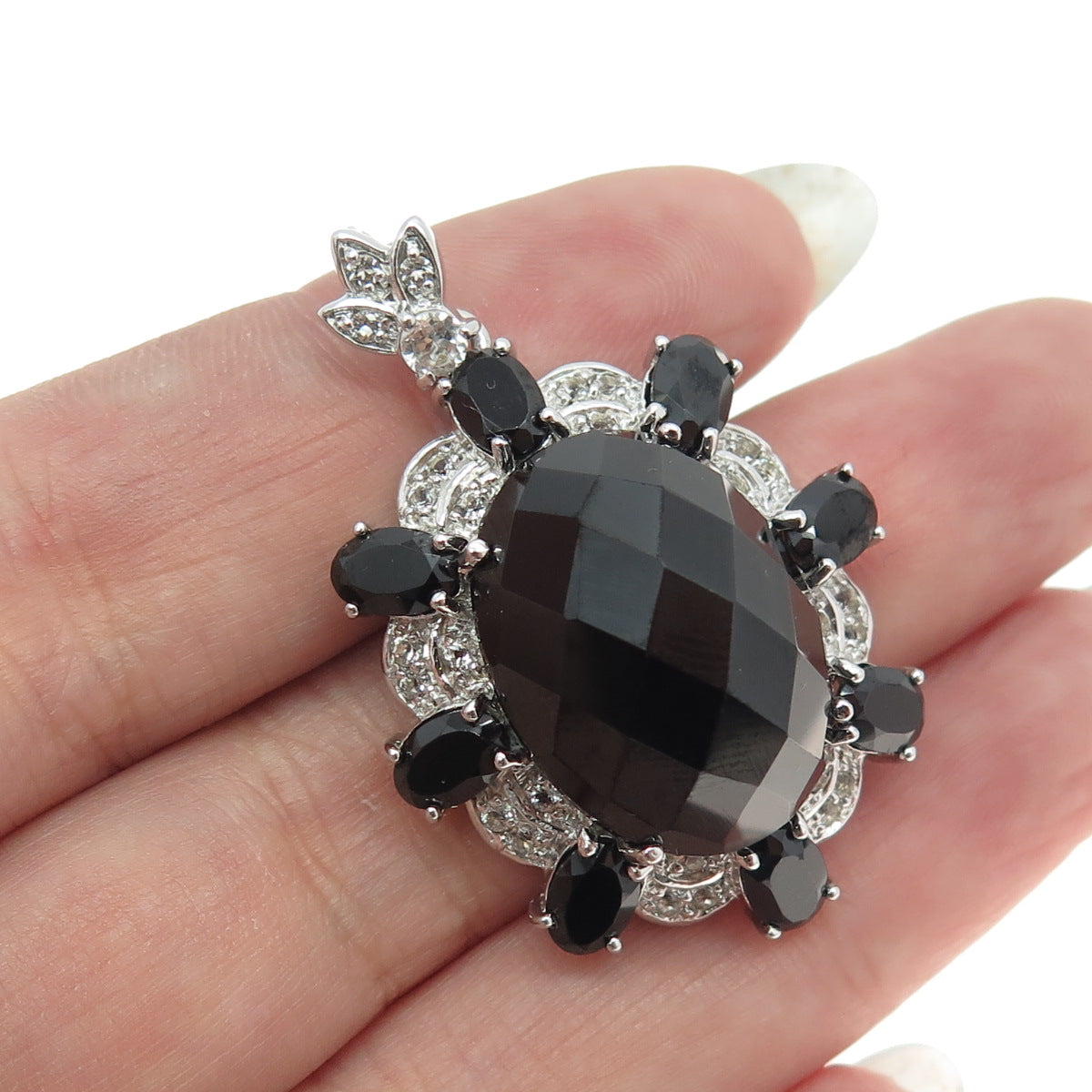 925 Sterling Silver Real Oval-Cut Black Spinel & White Topaz Pendant