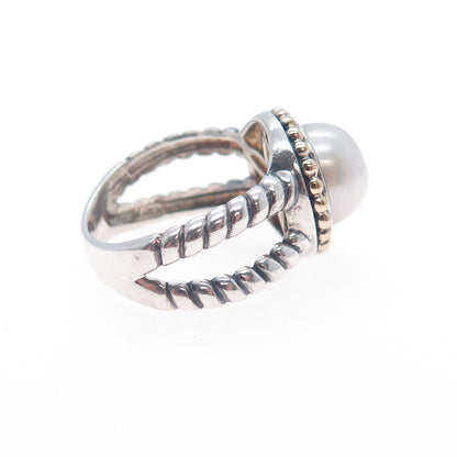 925 Sterling 14K Gold Vintage ATR Real Pearl Beaded Crisscross Ring Size 7.25