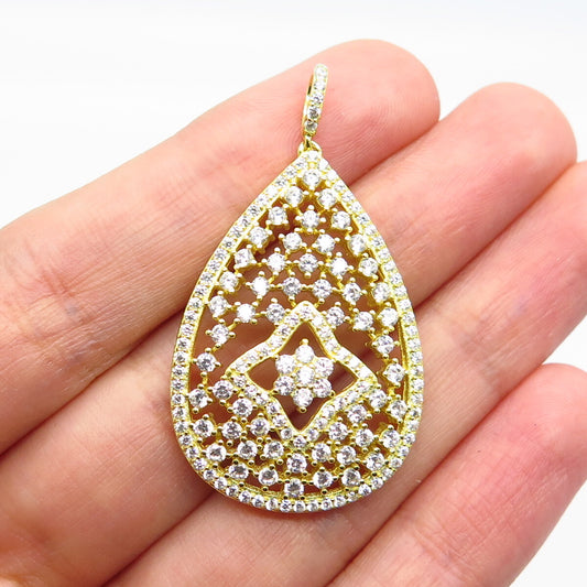 925 Sterling Silver Gold Plated C Z Ornate Teardrop Pendant