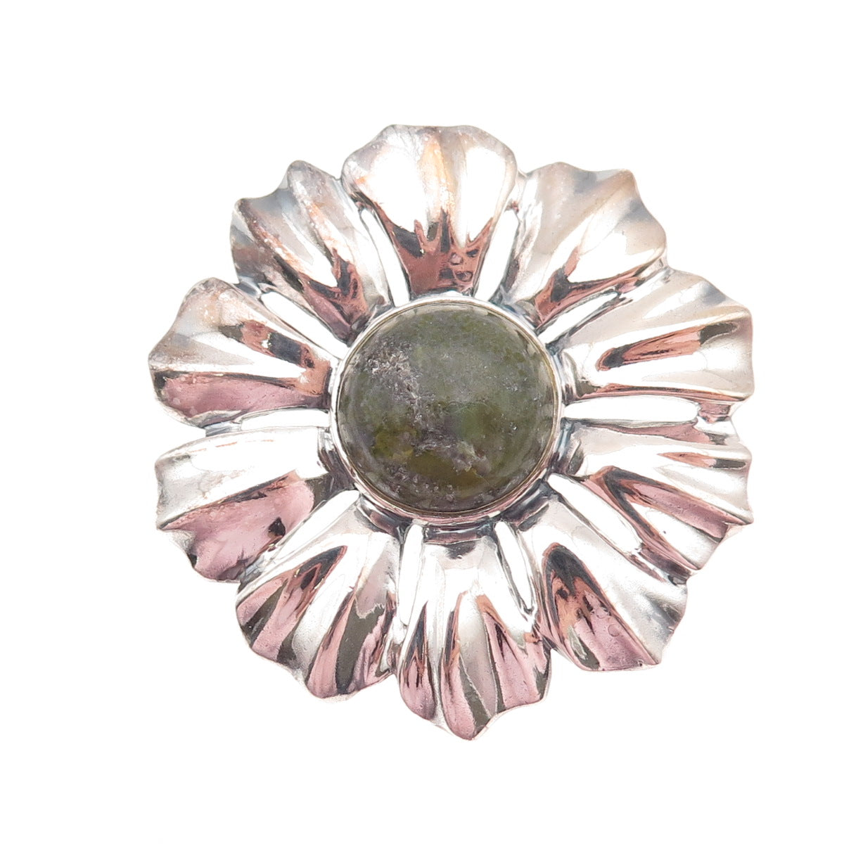 925 Sterling Silver Vintage Ireland Connemara Marble Flower Pin Brooch / Pendant