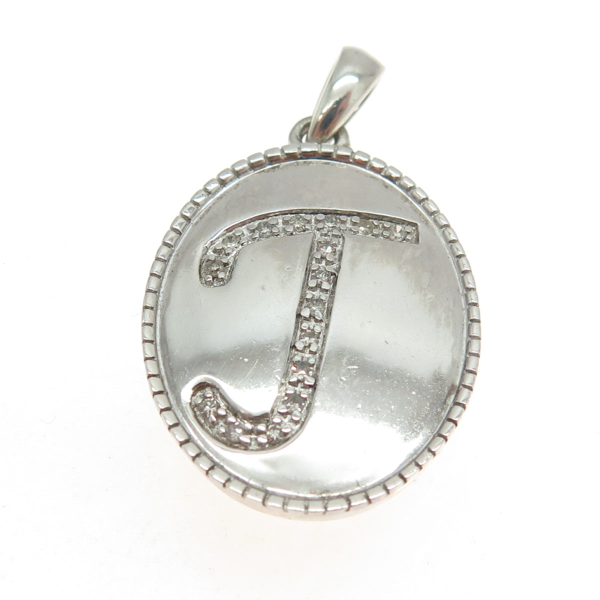 925 Sterling Silver Real Round-Cut Diamond Letter "T" Initial Oval Pendant