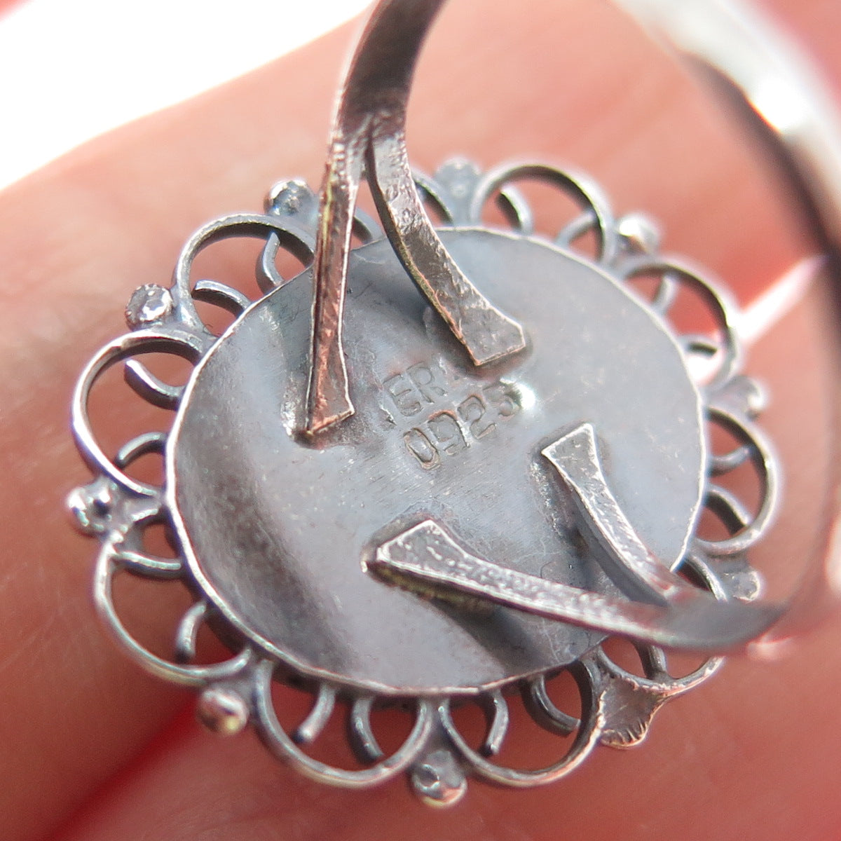 925 Sterling Silver Vintage Faux Turquoise Flower Oxidized Ring Size 5.5