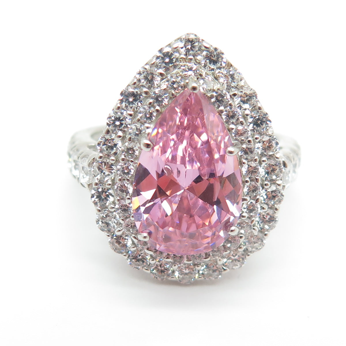 925 Sterling Silver Pear & Round-Cut Pink White C Z Promise Ring Size 7.75