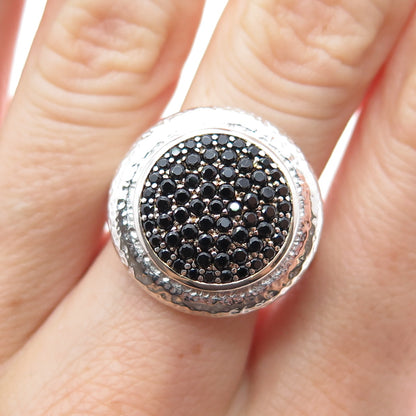 925 Sterling Silver Vintage Real Round-Cut Black Spinel Hammered Ring Size 8
