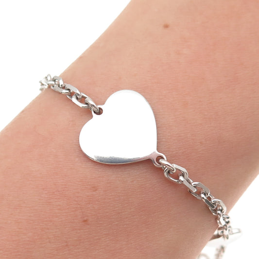 925 Sterling Silver Italy Heart Station Cable Link Bracelet 6.75-7.75"