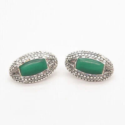 925 Sterling Silver Vintage Real Malachite Gemstone Dots Earrings