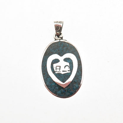 925 Sterling Silver Vintage Mexico Real Turquoise Inlay Heart & House Pendant