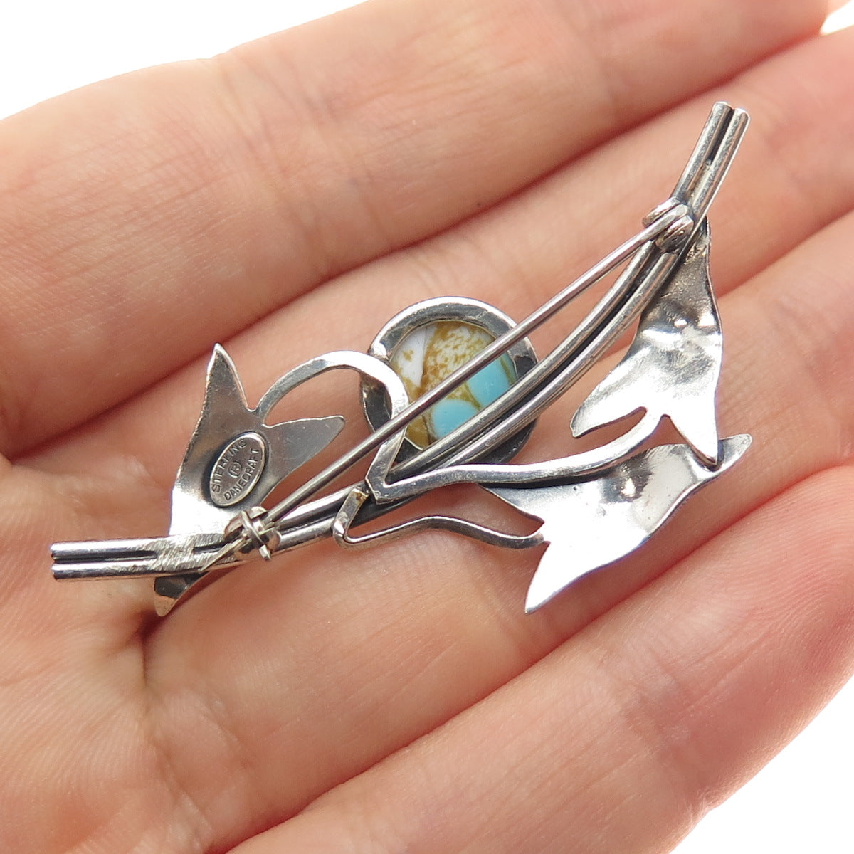 DANECRAFT 925 Sterling Silver Vintage Faux Turquoise Floral Leaf Pin Brooch