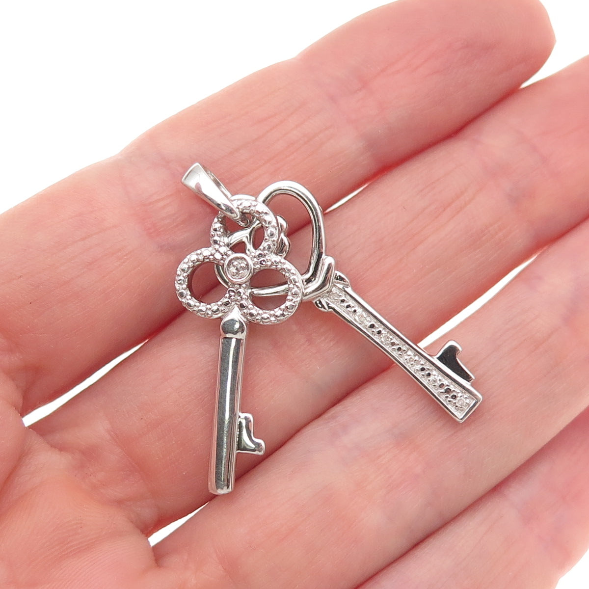 925 Sterling Silver Real Round-Cut Diamond Heart & Club Key Charm Pendant