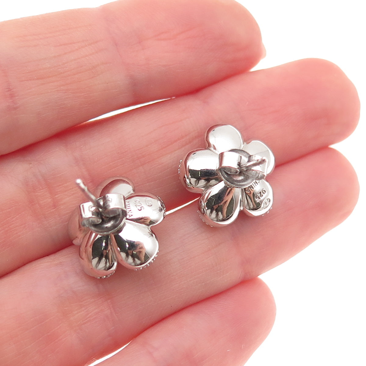 925 Sterling Silver Real Diamond & Pearl Floral Stud Earrings