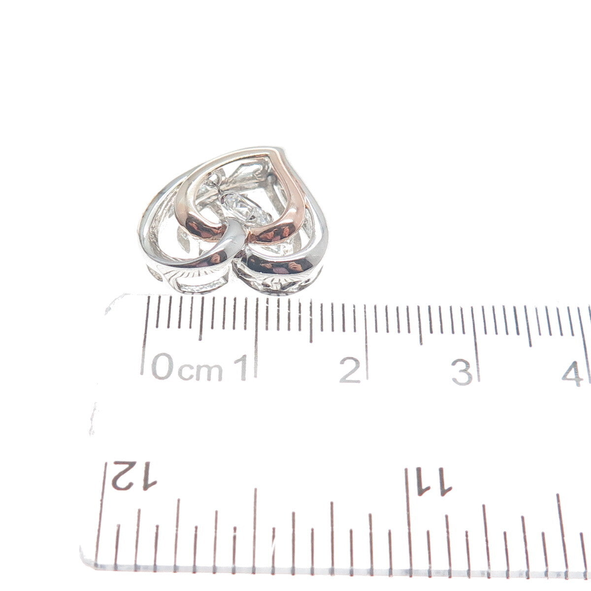 SAI 925 Sterling Silver 2-Tone Round-Cut Shaped C Z Double Heart Slide Pendant