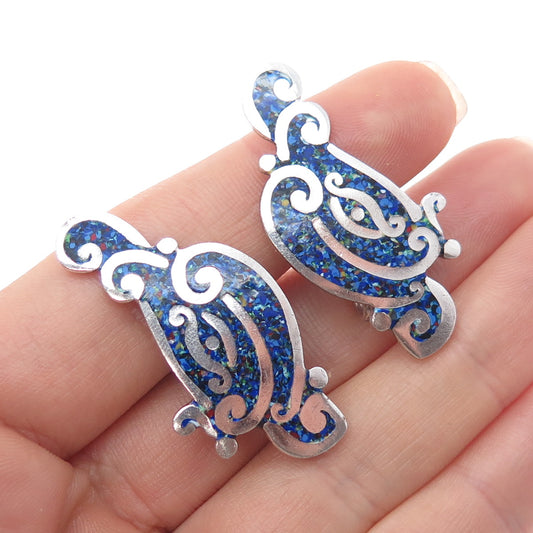 925 Sterling Silver Vintage Mexico Real Multi-Gem Inlay Screw Back Earrings