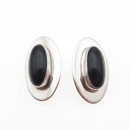 INCA 925 Sterling Silver Vintage Real Black Onyx Modernist Clip On Earrings