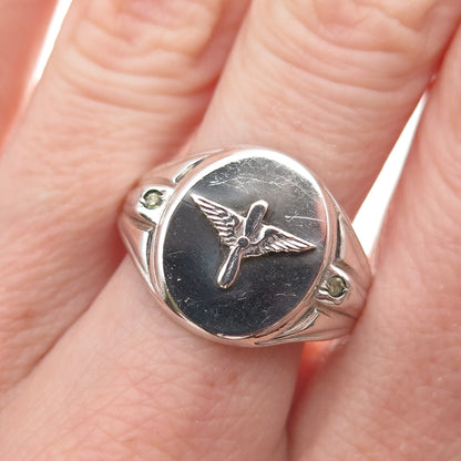 925 Sterling Silver Antique WWII Rhinestone US Air Force Signet Ring Size 8.5