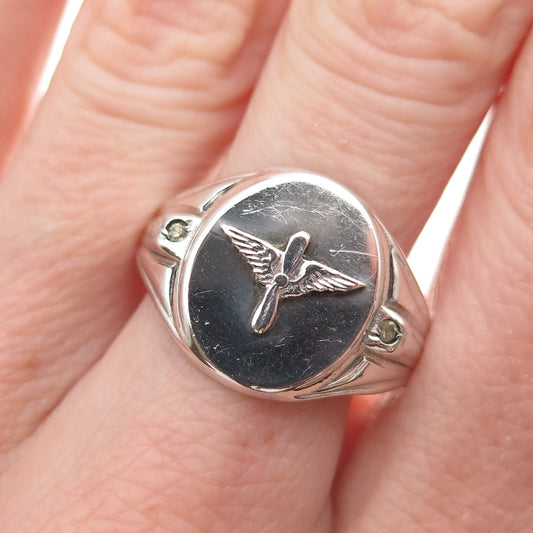 925 Sterling Silver Antique WWII Rhinestone US Air Force Signet Ring Size 8.5