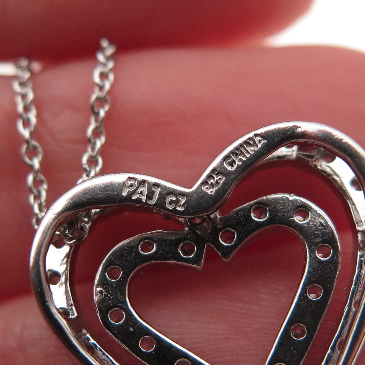925 Sterling Silver Round-Cut C Z Double Heart Cable Chain Necklace 18"