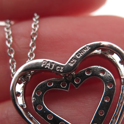 925 Sterling Silver Round-Cut C Z Double Heart Cable Chain Necklace 18"