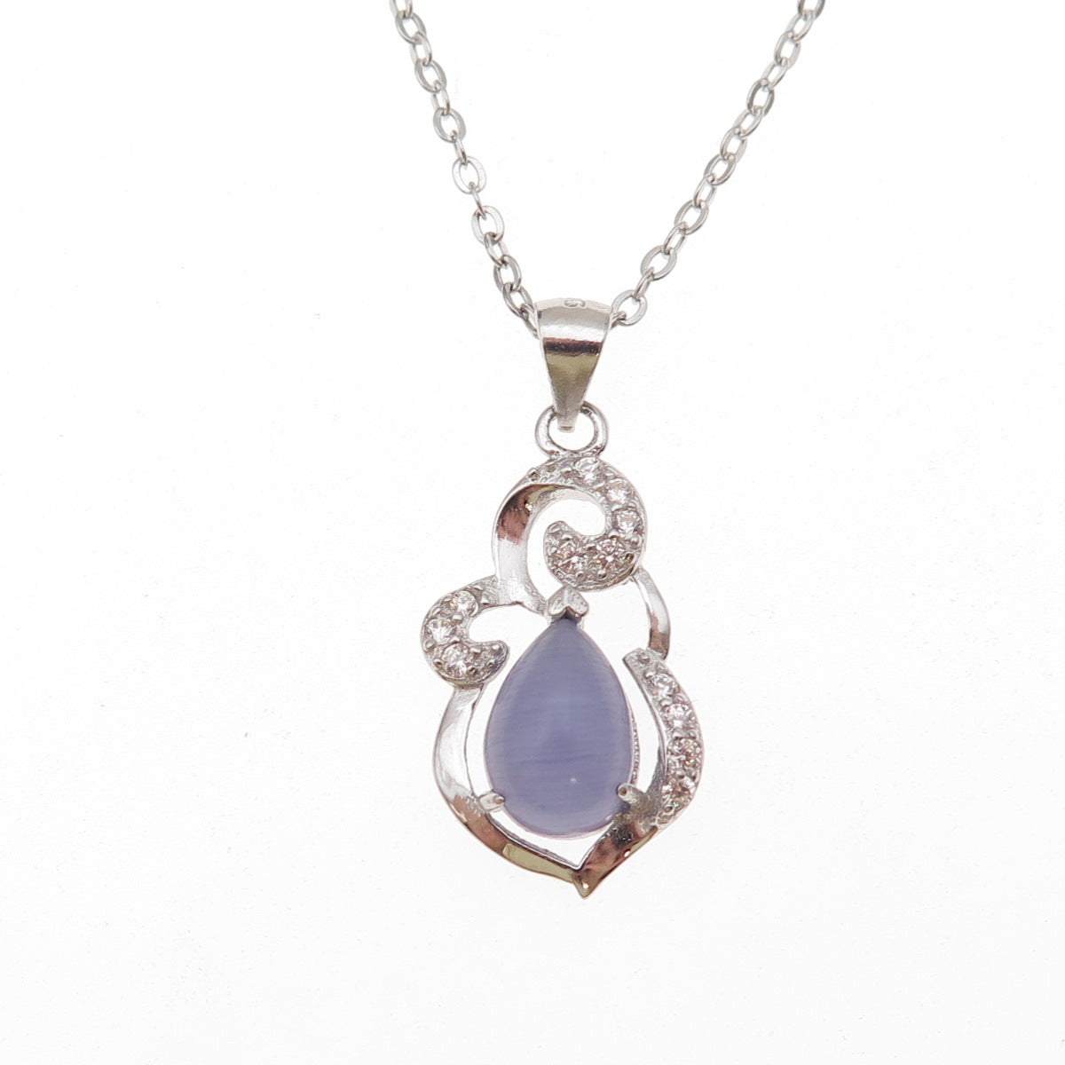 925 Sterling Silver Real Cat's Eye & C Z Cable Chain Necklace 18"
