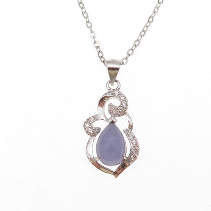 925 Sterling Silver Real Cat's Eye & C Z Cable Chain Necklace 18"