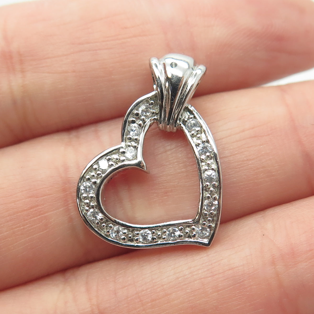 925 Sterling Silver Round-Cut White C Z Open Heart Pendant