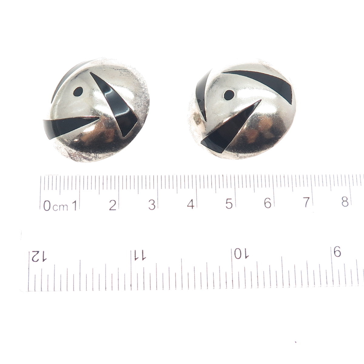 950 Silver Vintage Mexico Real Black Onyx Modernist Dome Clip On Earrings