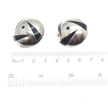 950 Silver Vintage Mexico Real Black Onyx Modernist Dome Clip On Earrings