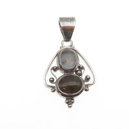 925 Sterling Silver Vintage Real Moonstone & Labradorite Beaded Charm Pendant