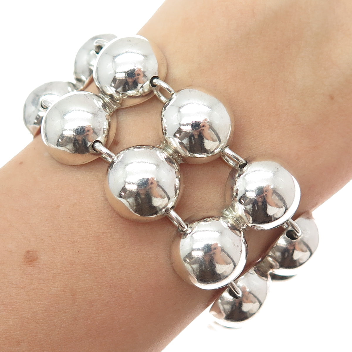 TURE 925 Sterling Silver Vintage Modernist 2-Row Beaded Link Bracelet 7.5"