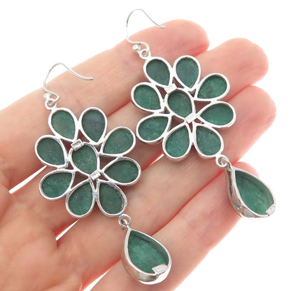 925 Sterling Silver Real Pear-Cut Emerald Flower Dangle Earrings