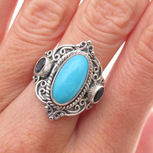 925 Sterling Silver Vintage Real Turquoise & Iolite Oxidized Ring Size 8.5