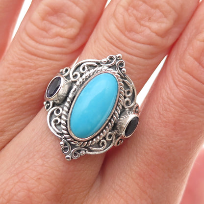 925 Sterling Silver Vintage Real Turquoise & Iolite Oxidized Ring Size 8.5
