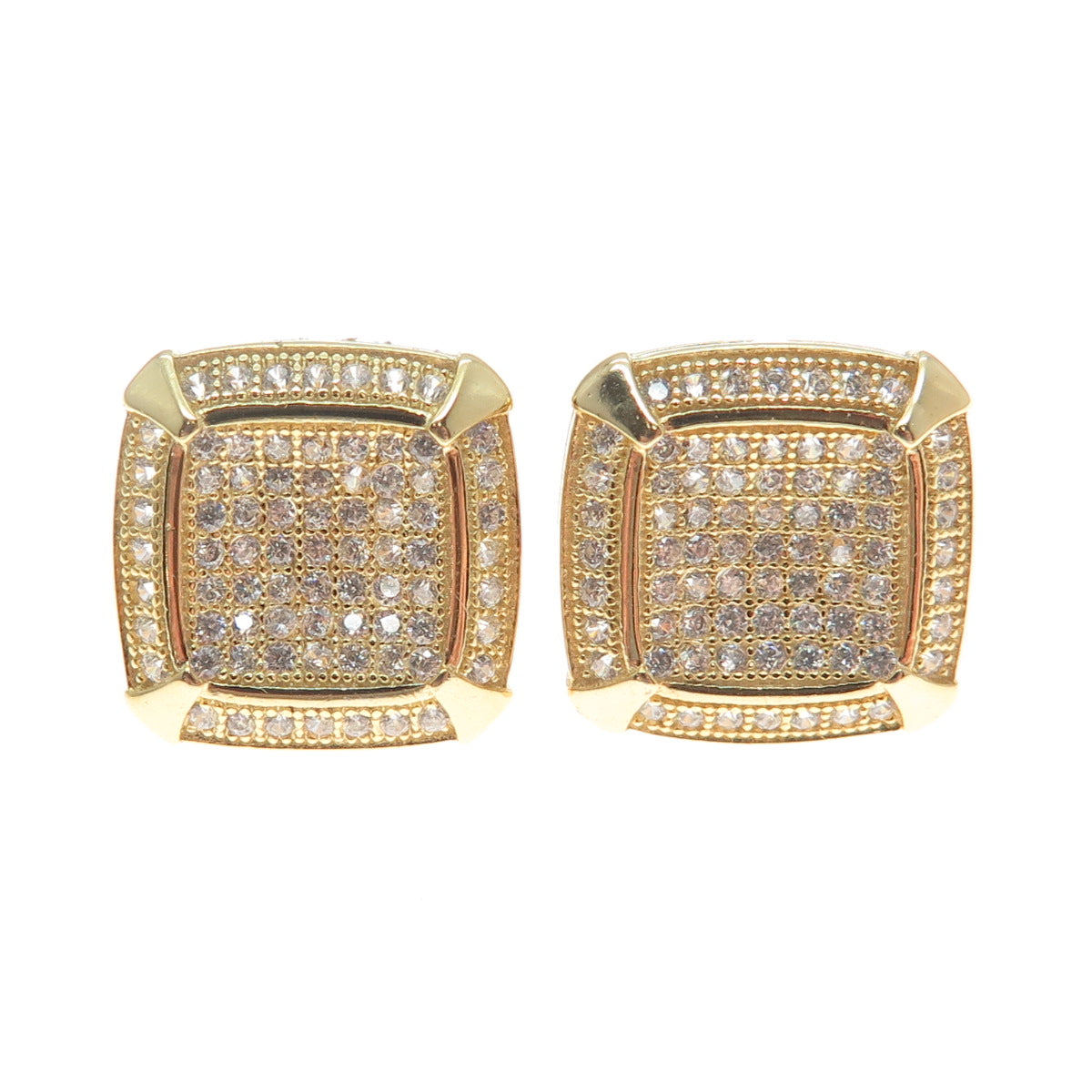 925 Sterling Silver Gold Plated Round-Cut C Z Cushion Stud Earrings