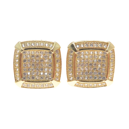 925 Sterling Silver Gold Plated Round-Cut C Z Cushion Stud Earrings