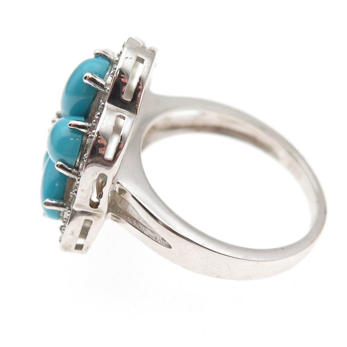 925 Sterling Real Sleeping Beauty Turquoise & White Topaz Floral Ring Size 8