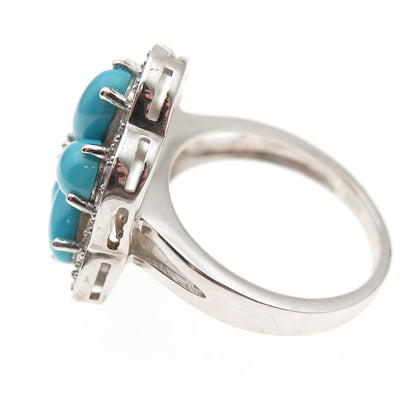 925 Sterling Real Sleeping Beauty Turquoise & White Topaz Floral Ring Size 8