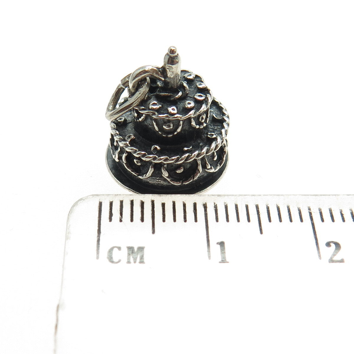 925 Sterling Silver Vintage Birthday Cake Oxidized Minimalist 3D Charm Pendant