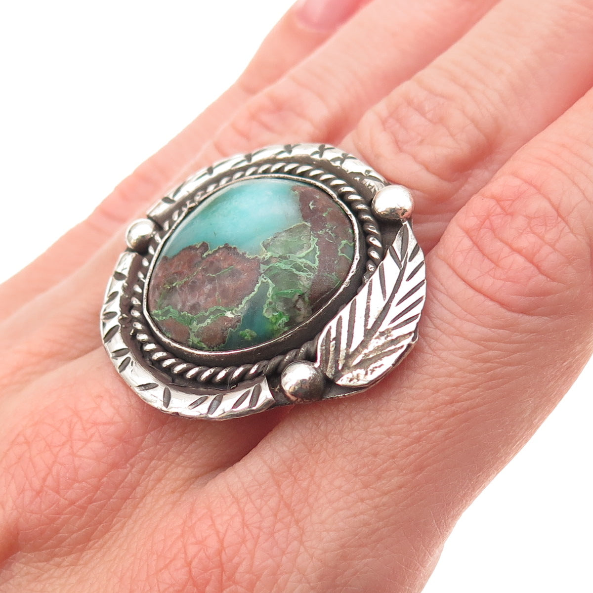 Old Pawn Sterling Silver Vintage Southwestern Turquoise Feather Ring Size 7.25