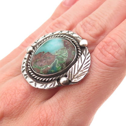 Old Pawn Sterling Silver Vintage Southwestern Turquoise Feather Ring Size 7.25